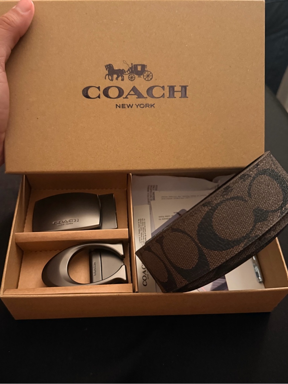 COACH Men’s Brown Signature Canvas Belt with Brushed Metal Buckle